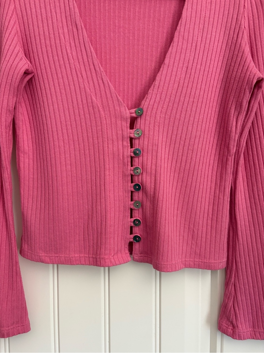 Reformation Gellar Ribbed Knit Crop long sleeve cardigan bright Pink size medium - Picture 3 of 7